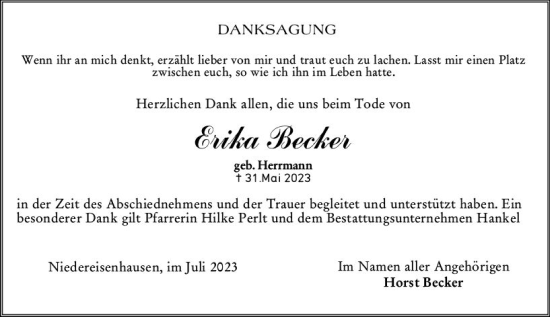 Traueranzeige von Erika Becker von Hinterländer Anzeiger