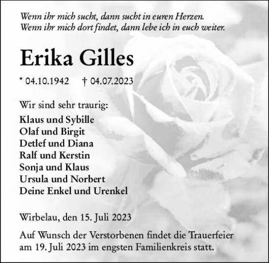 Traueranzeige von Erika Gilles von Weilburger Tageblatt