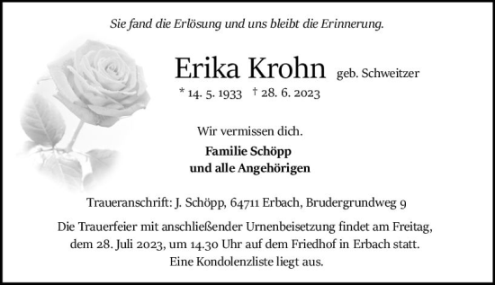 Traueranzeige von Erika Krohn von Odenwälder Echo