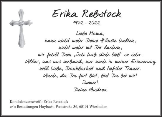 Traueranzeige von Erika Rebstock von Wiesbadener Kurier