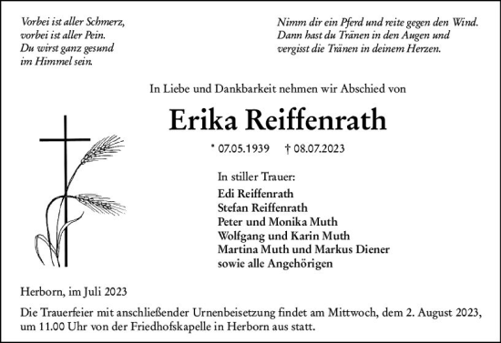 Traueranzeige von Erika Reiffenrath von Dill Block