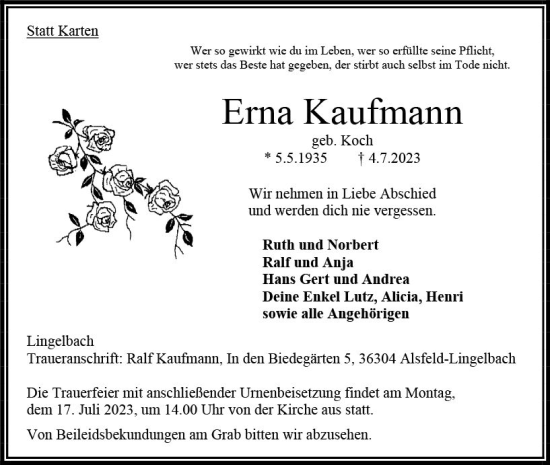 Traueranzeige von Erna Kaufmann von VRM Trauer