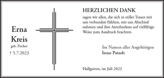 Traueranzeige von Erna Kreis von Rheingau Kurier