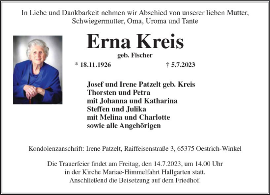 Traueranzeige von Erna Kreis von Wiesbadener Kurier