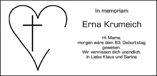 Traueranzeige von Erna Krumeich von Wiesbadener Kurier