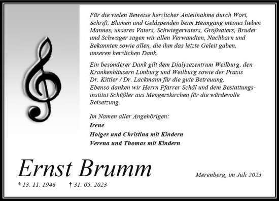 Traueranzeige von Ernst Brumm von Weilburger Tageblatt