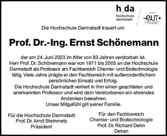 Traueranzeige von Ernst Schönemann von Darmstädter Echo