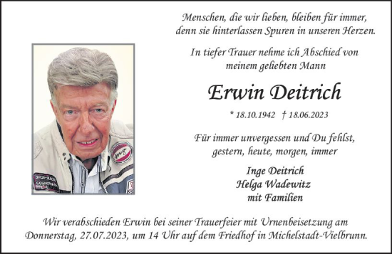 Traueranzeige von Erwin Deitrich von Odenwälder Echo