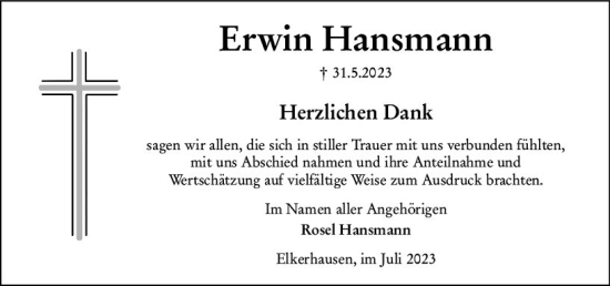 Traueranzeige von Erwin Hansmann von Weilburger Tageblatt