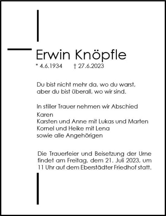 Traueranzeige von Erwin Knöpfle von Darmstädter Echo