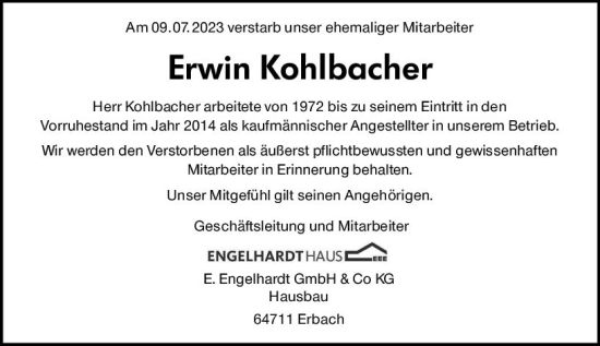 Traueranzeige von Erwin Kohlbacher von Odenwälder Echo
