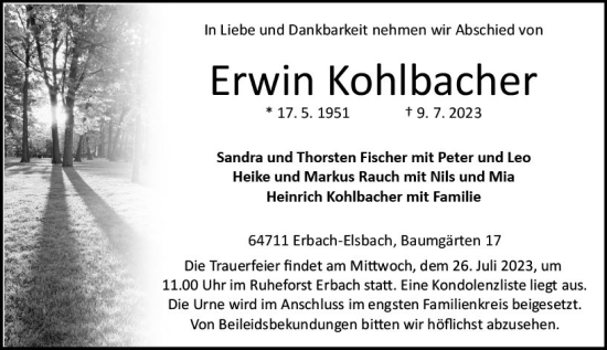 Traueranzeige von Erwin Kohlbacher von Odenwälder Echo