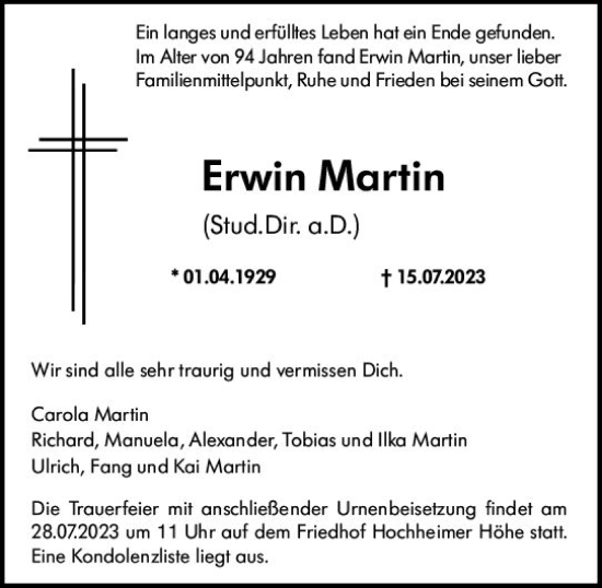 Traueranzeige von Erwin Martin von Wormser Zeitung