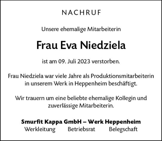 Traueranzeige von Eva Niedziela von Bergsträßer Anzeiger
