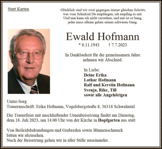 Traueranzeige von Ewald Hofmann von Oberhessen Kurier Traueranzeige von Ewald Hofmann von Oberhessen Kurier