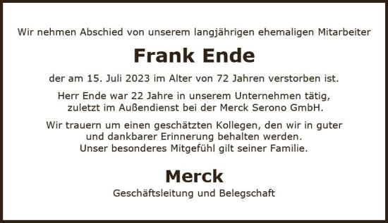 Traueranzeige von Frank Ende von Darmstädter Echo