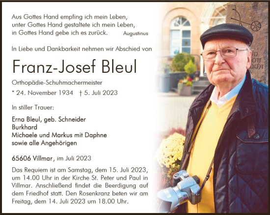 Traueranzeige von Franz-Josef Bleul von Weilburger Tageblatt