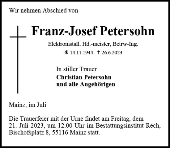 Traueranzeige von Franz-Josef Petersohn von Allgemeine Zeitung Mainz Traueranzeige von Franz-Josef Petersohn von Allgemeine Zeitung Mainz