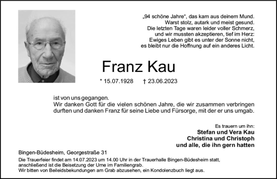 Traueranzeige von Franz Kau von Allgemeine Zeitung Bingen/Ingelheim