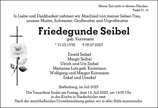 Traueranzeige von Friedegunde Seibel von Hinterländer Anzeiger