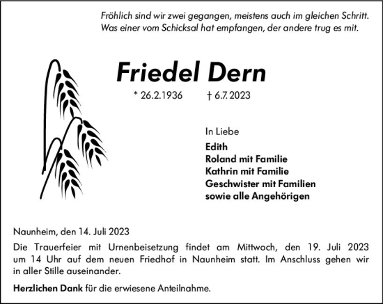 Traueranzeige von Friedel Dern von Wetzlarer Neue Zeitung