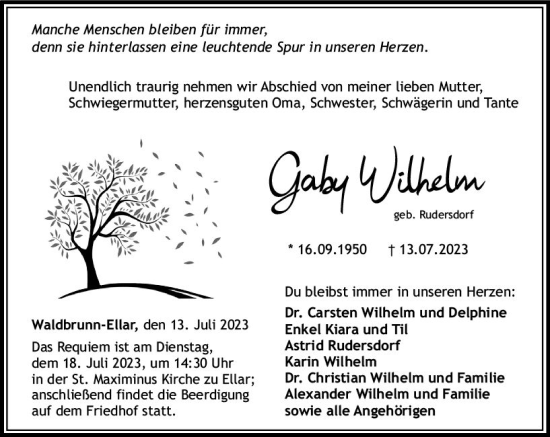 Traueranzeige von Gaby Wilhelm von Nassauische Neue Presse