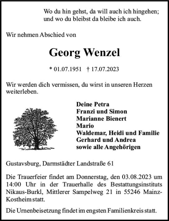 Traueranzeige von Georg Wenzel von Allgemeine Zeitung Mainz