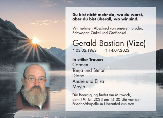 Traueranzeige von Gerald  Bastian von Dill Block