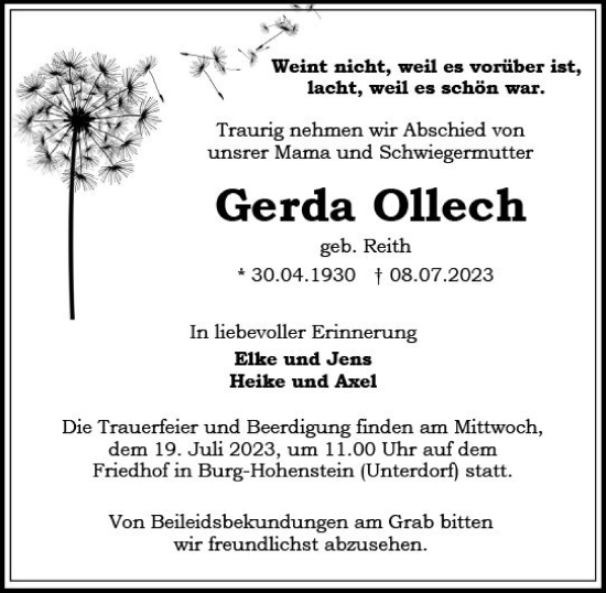 Traueranzeige von Gerda Ollech von Idsteiner Land/Untertaunus