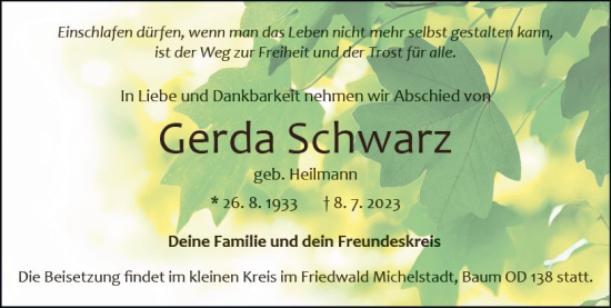Traueranzeige von Gerda Schwarz von Odenwälder Echo