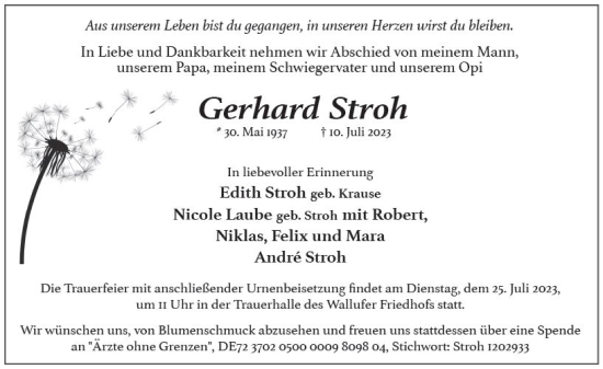 Traueranzeige von Gerhard Stroh von Wiesbadener Kurier