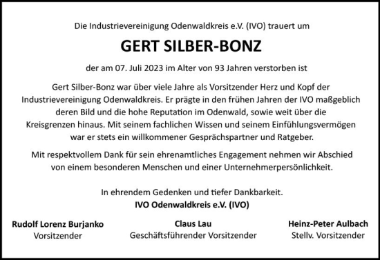 Traueranzeige von Gert Silber-Bonz von Odenwälder Echo