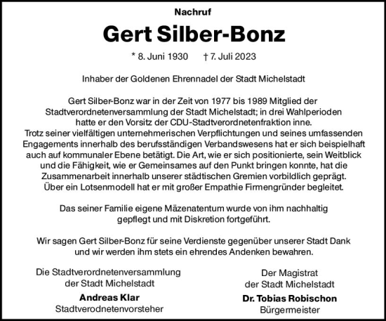Traueranzeige von Gert Silber-Bonz von Odenwälder Echo