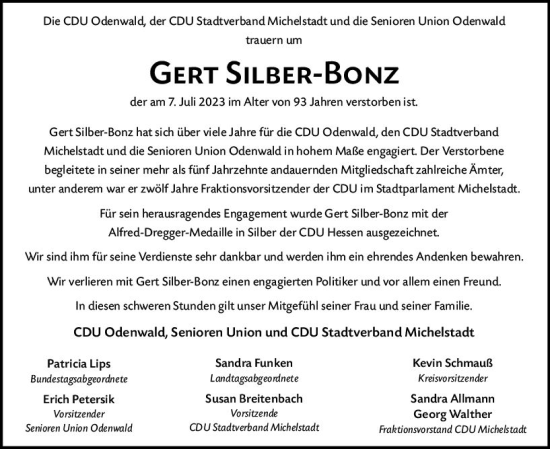 Traueranzeige von Gert Silber-Bonz von Odenwälder Echo