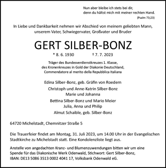 Traueranzeige von Gert Silber-Bonz von Odenwälder Echo
