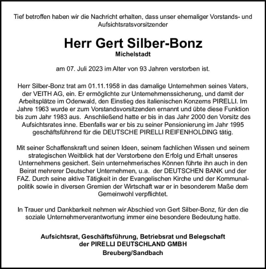 Traueranzeige von Gert Silber-Bonz von Odenwälder Echo