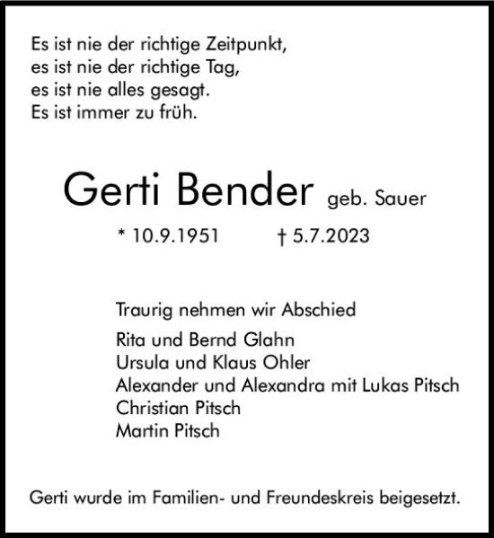 Traueranzeige von Gerti Bender von Allgemeine Zeitung Mainz