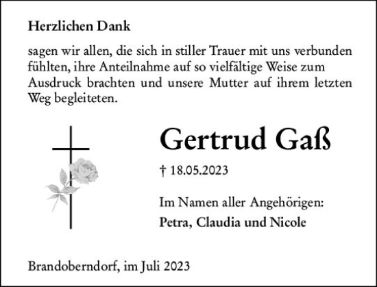 Traueranzeige von Gertrud Gaß von Wetzlarer Neue Zeitung
