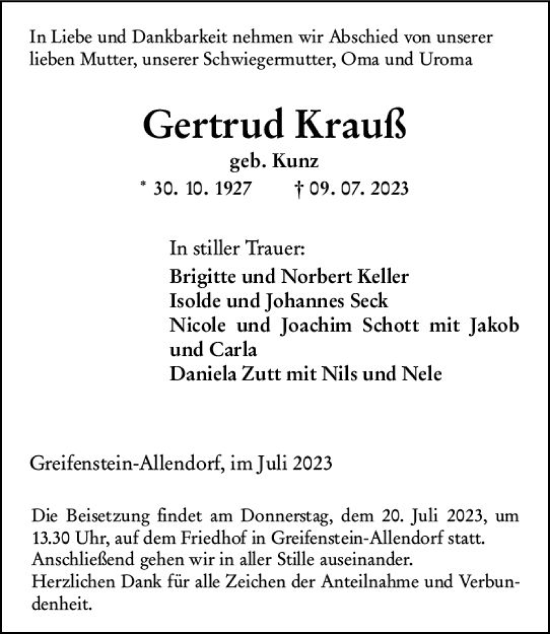 Traueranzeige von Gertrud Krauß von Wetzlarer Neue Zeitung