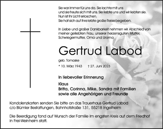 Traueranzeige von Gertrud Labod von Allgemeine Zeitung Bingen/Ingelheim