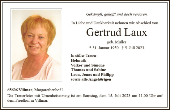 Traueranzeige von Gertrud Laux von Nassauische Neue Presse