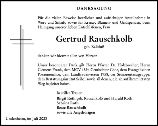 Traueranzeige von Gertrud Rauschkolb von Allgemeine Zeitung Mainz