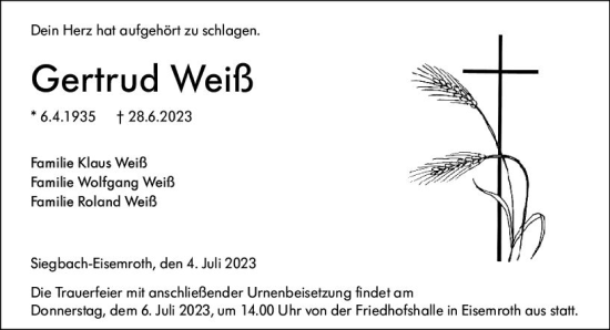 Traueranzeige von Gertrud Weiß von Dill Block