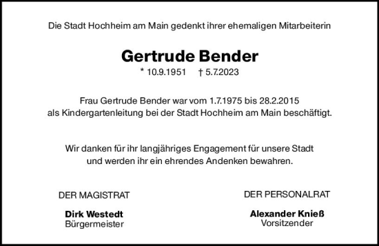 Traueranzeige von Gertrude Bender von Hochheimer Zeitung