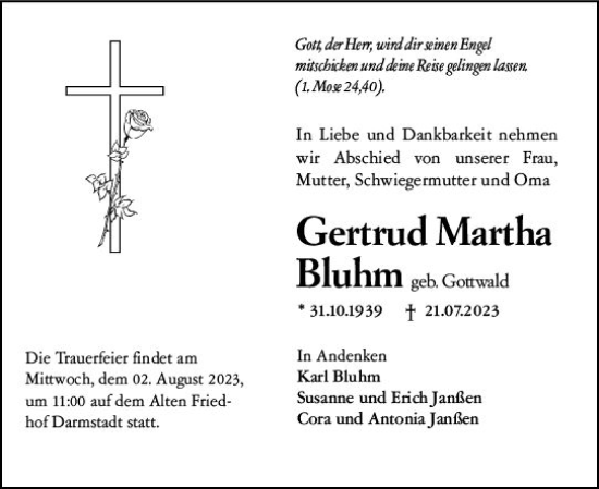 Traueranzeige von Gertrud Martha Bluhm von Darmstädter Echo