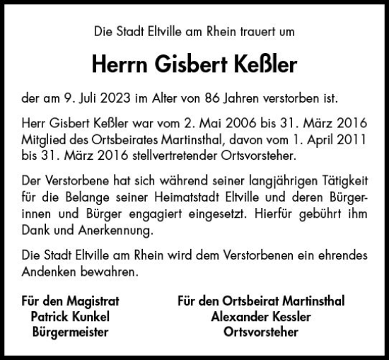 Traueranzeige von Gisbert Keßler von Rheingau Kurier