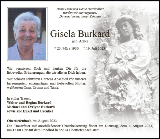 Traueranzeige von Gisela Burkard von Wiesbadener Kurier