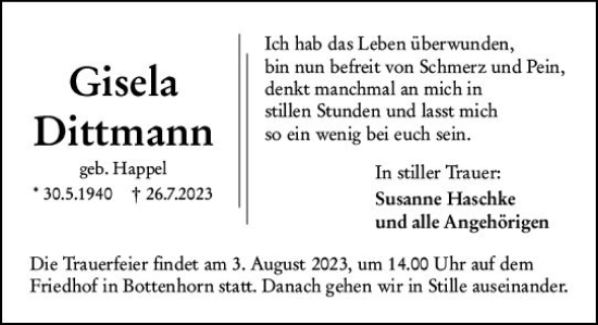 Traueranzeige von Gisela Dittmann von Hinterländer Anzeiger