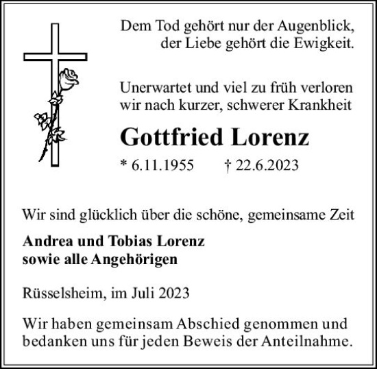 Traueranzeige von Gottfried Lorenz von Rüsselsheimer Echo
