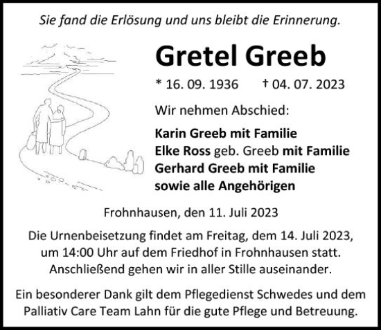 Traueranzeige von Gretel Greeb von Dill Block